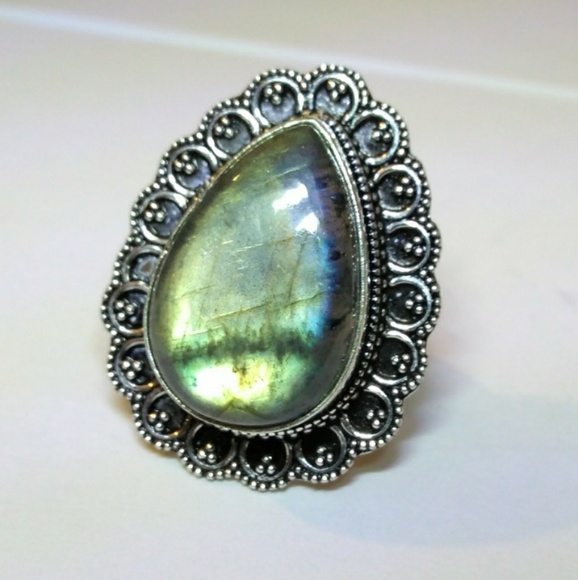 ✨Glowing✨ Fiery Flash Labradorite Gemstone Chunky Handmade Halo Ring - Picture 3 of 3